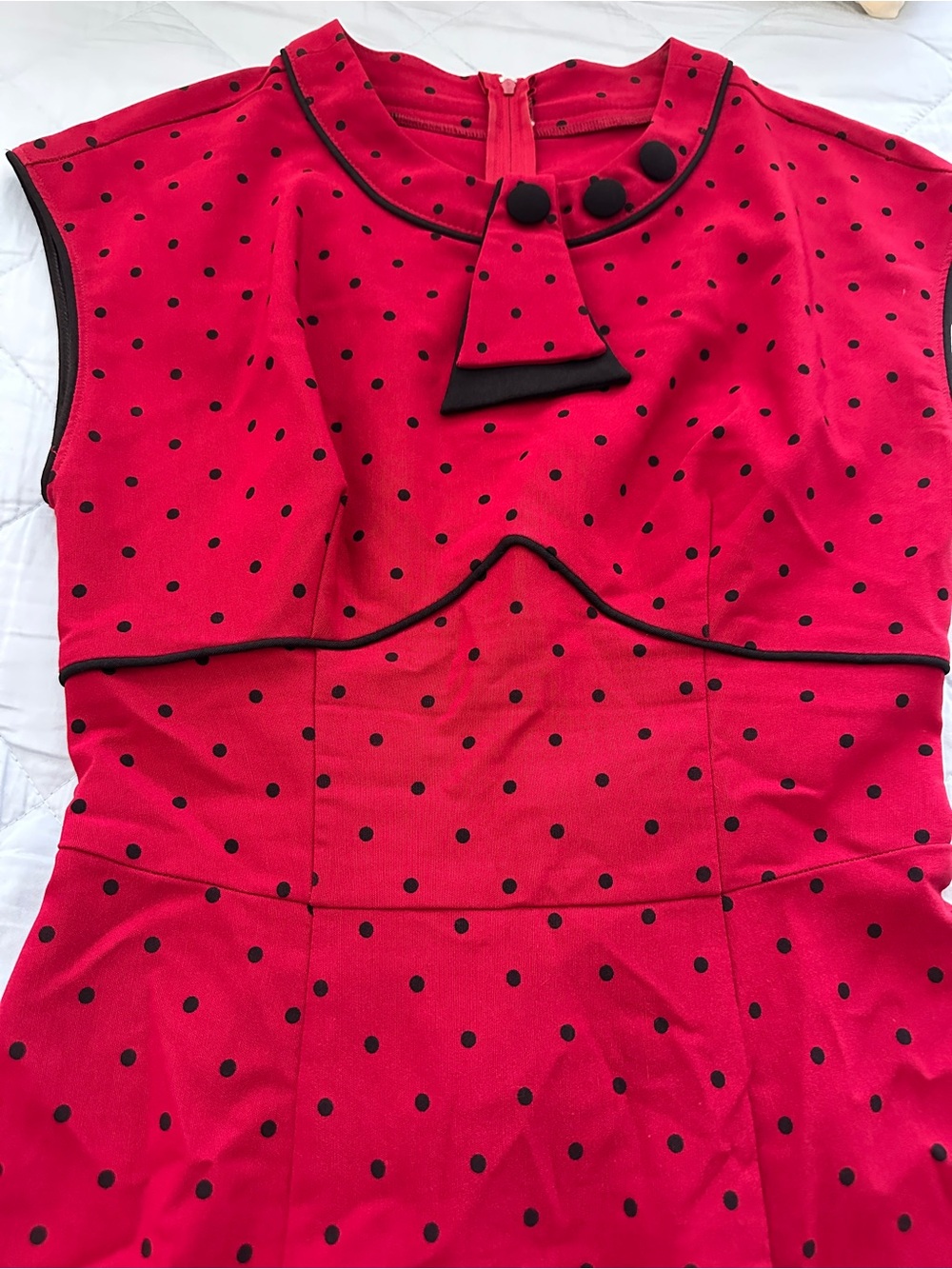 Stop Staring Red Polka Dot Sheath Dress with Black Trim - Picture 6 of 7